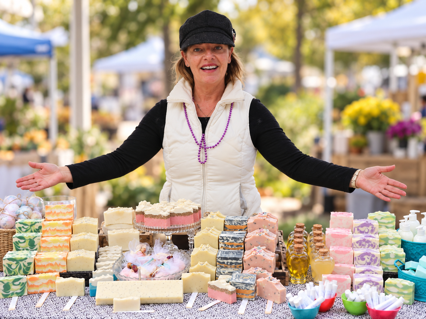Rachelle welcoming visitors behind a colorful display of her handcrafted soaps.